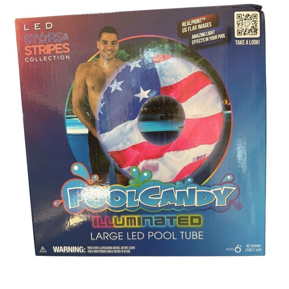 Pool Candy Illuminated Inflatable Large LED Pool Party Tube New 42in US Flag